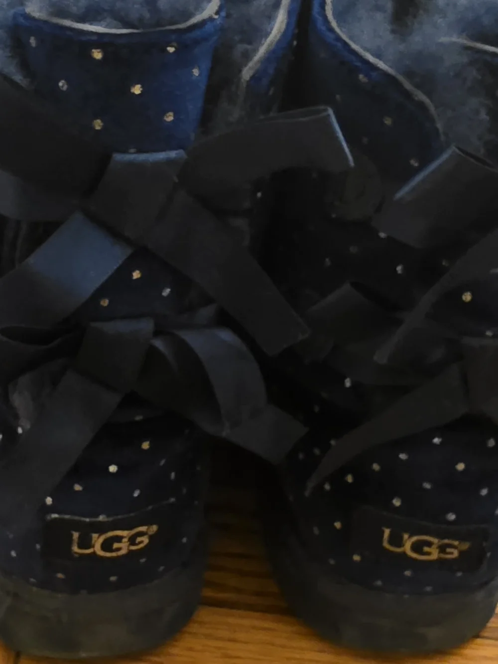 UGG Kids Starlight Navy Suede Sparkle Bow Shearling Boots Size 4 Big Kids